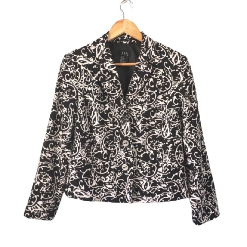 Petite Damask Black & White Print Linen Blazer